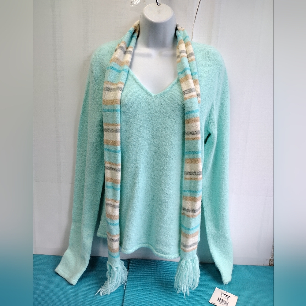 NWT Sonoma Pullover Sweater W Attached Scarf Aqua Jewel - XL
